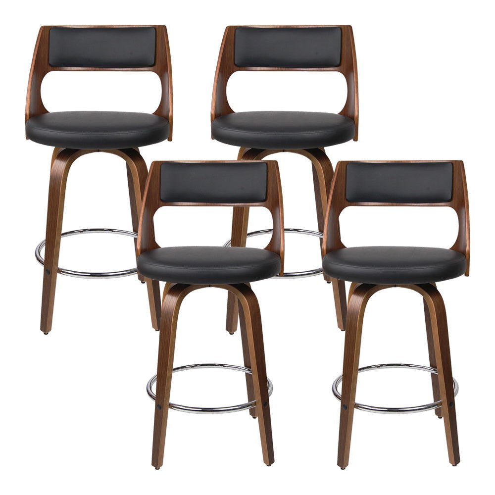 Jock Leather Timber Swivel Bar Stools 76cm Brown & Black (Set of 4) - Barstool Express