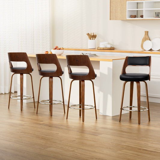 Jock Leather Timber Swivel Bar Stools 76cm Brown & Black (Set of 4) - Barstool Express