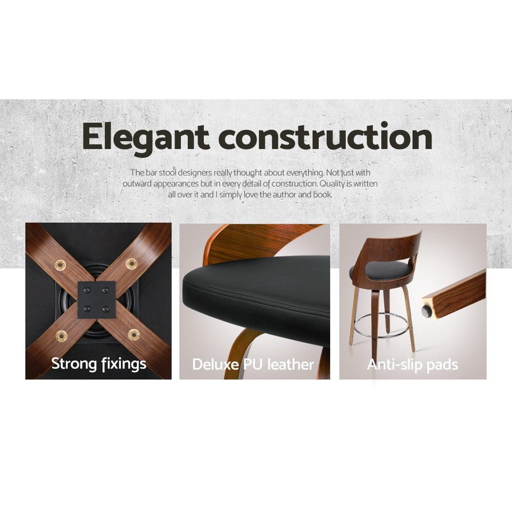 Jock Leather Timber Swivel Bar Stools 76cm Brown & Black (Set of 4) - Barstool Express