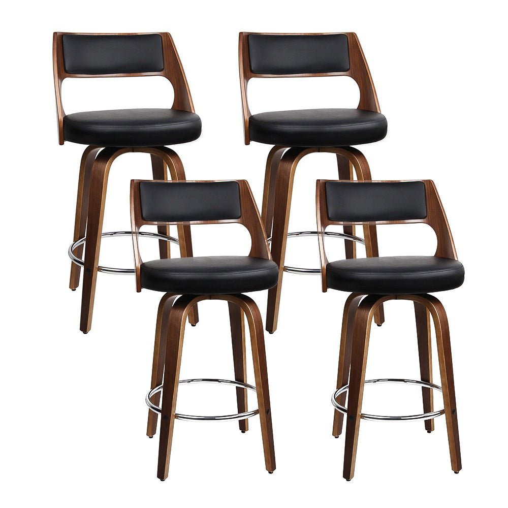 Jock Leather Timber Swivel Bar Stools 76cm Brown & Black (Set of 4) - Barstool Express