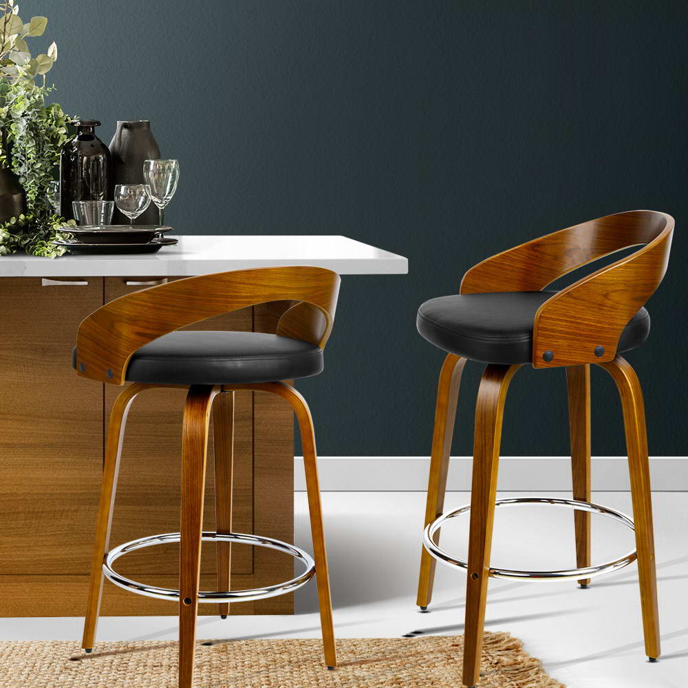 Joel Leather Walnut Wood Swivel Bar Stools 65cm Black (Set of 2) - Barstool Express