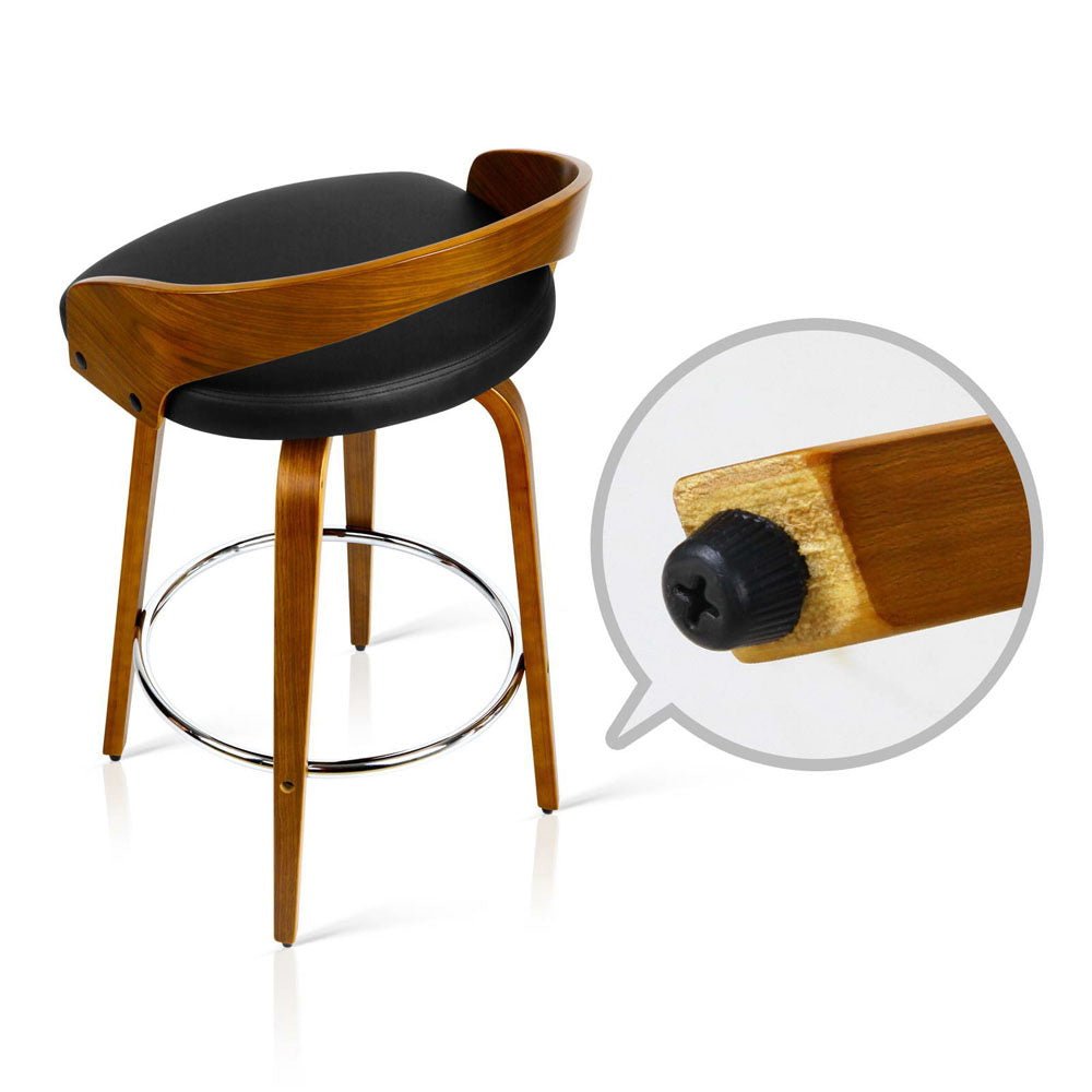 Joel Leather Walnut Wood Swivel Bar Stools 65cm Black (Set of 2) - Barstool Express