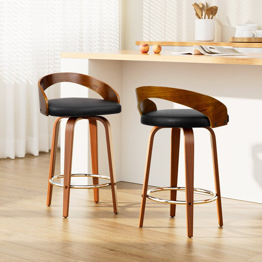 Joel Leather Walnut Wood Swivel Bar Stools 65cm Black (Set of 2) - Barstool Express