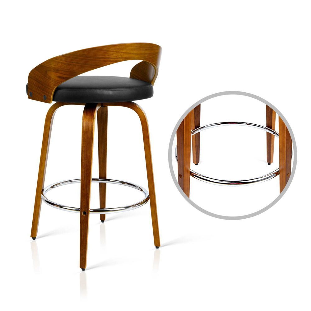 Joel Leather Walnut Wood Swivel Bar Stools 65cm Black (Set of 2) - Barstool Express