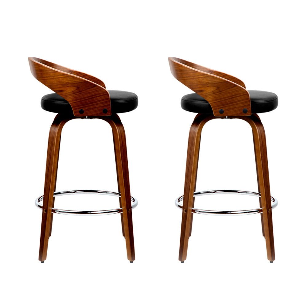 Joel Leather Walnut Wood Swivel Bar Stools 65cm Black (Set of 2) - Barstool Express