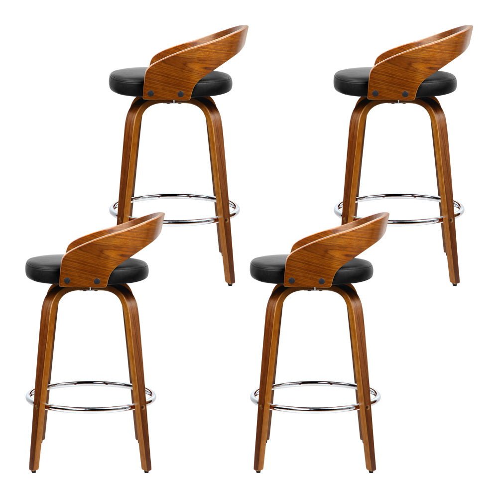 Joel Leather Walnut Wood Swivel Bar Stools 65cm Black (Set of 4) - Barstool Express