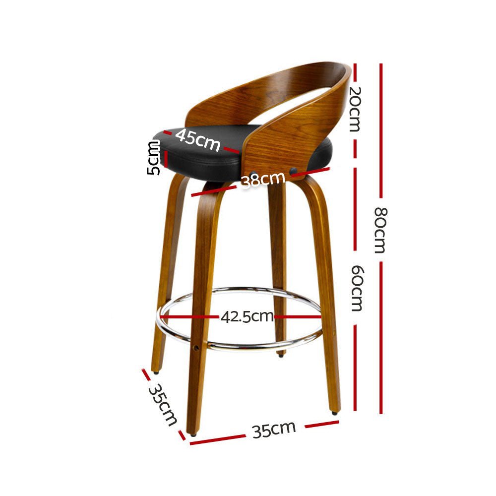 Joel Leather Walnut Wood Swivel Bar Stools 65cm Black (Set of 4) - Barstool Express