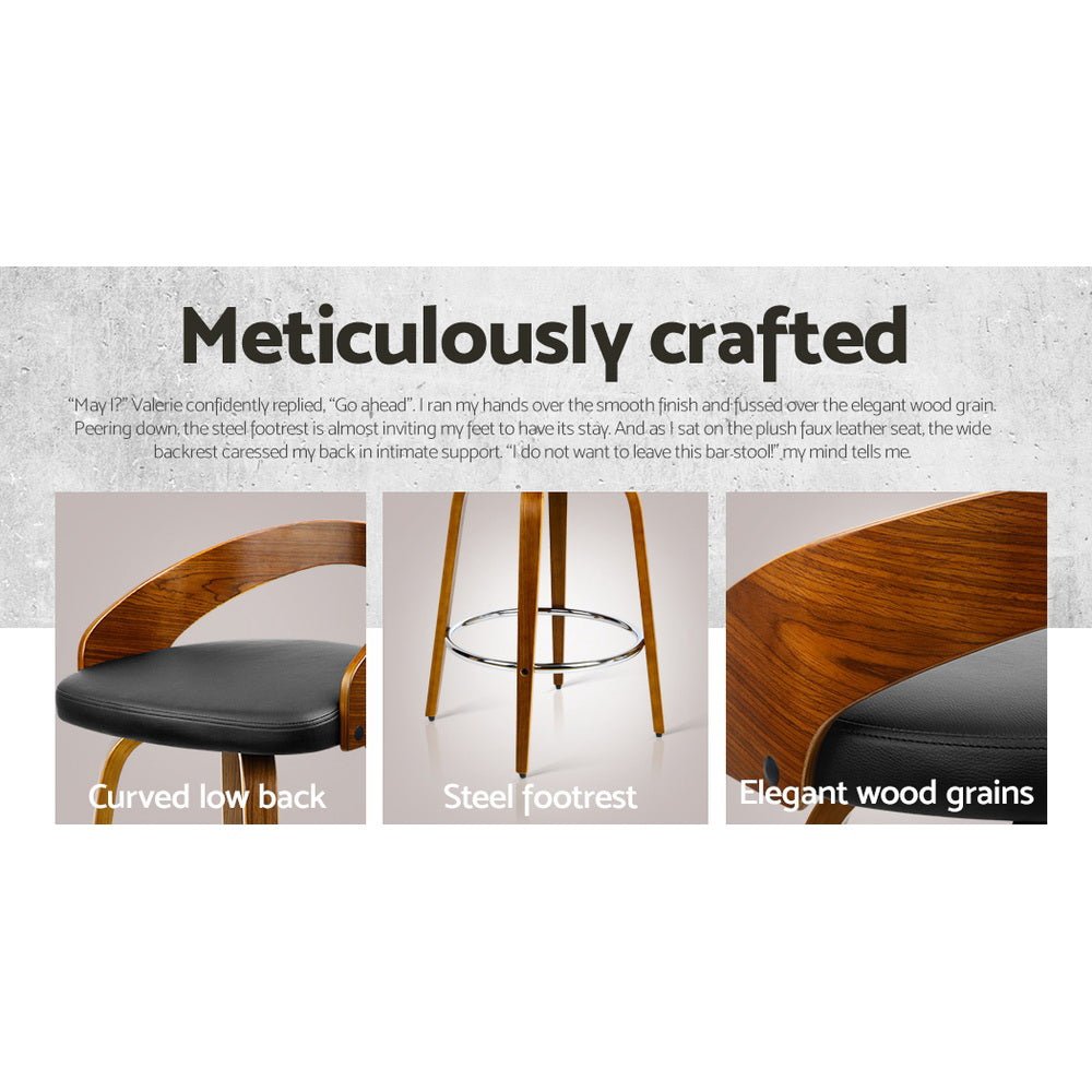 Joel Leather Walnut Wood Swivel Bar Stools 65cm Black (Set of 4) - Barstool Express