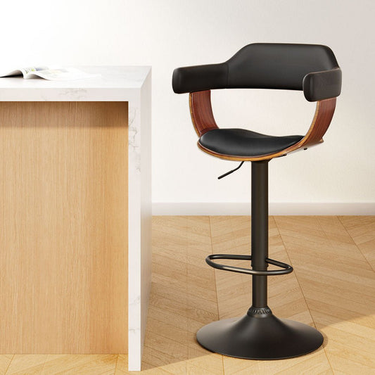 Jono Leather Timber Adjustable Bar Stool Black - Barstool Express
