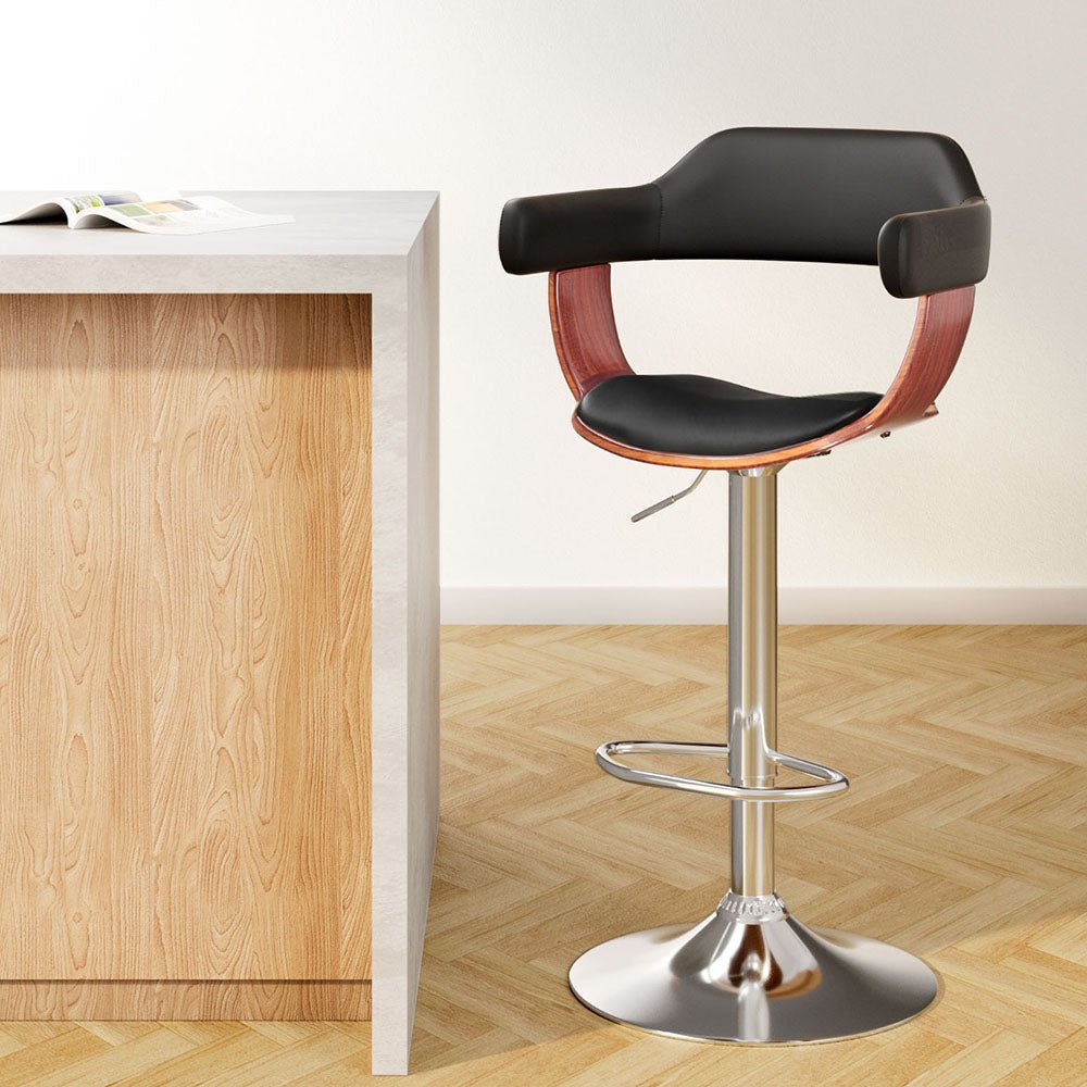 Jono Leather Timber Adjustable Bar Stool Chrome Black - Barstool Express
