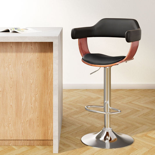 Jono Leather Timber Adjustable Bar Stool Chrome Black - Barstool Express