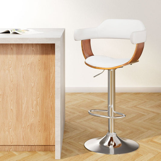 Jono Leather Timber Adjustable Bar Stool Chrome White - Barstool Express
