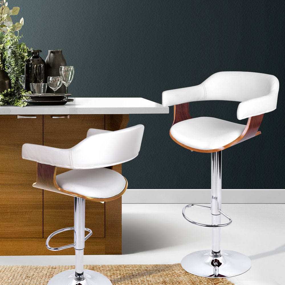 Jono Leather Timber Adjustable Bar Stool Chrome White - Barstool Express