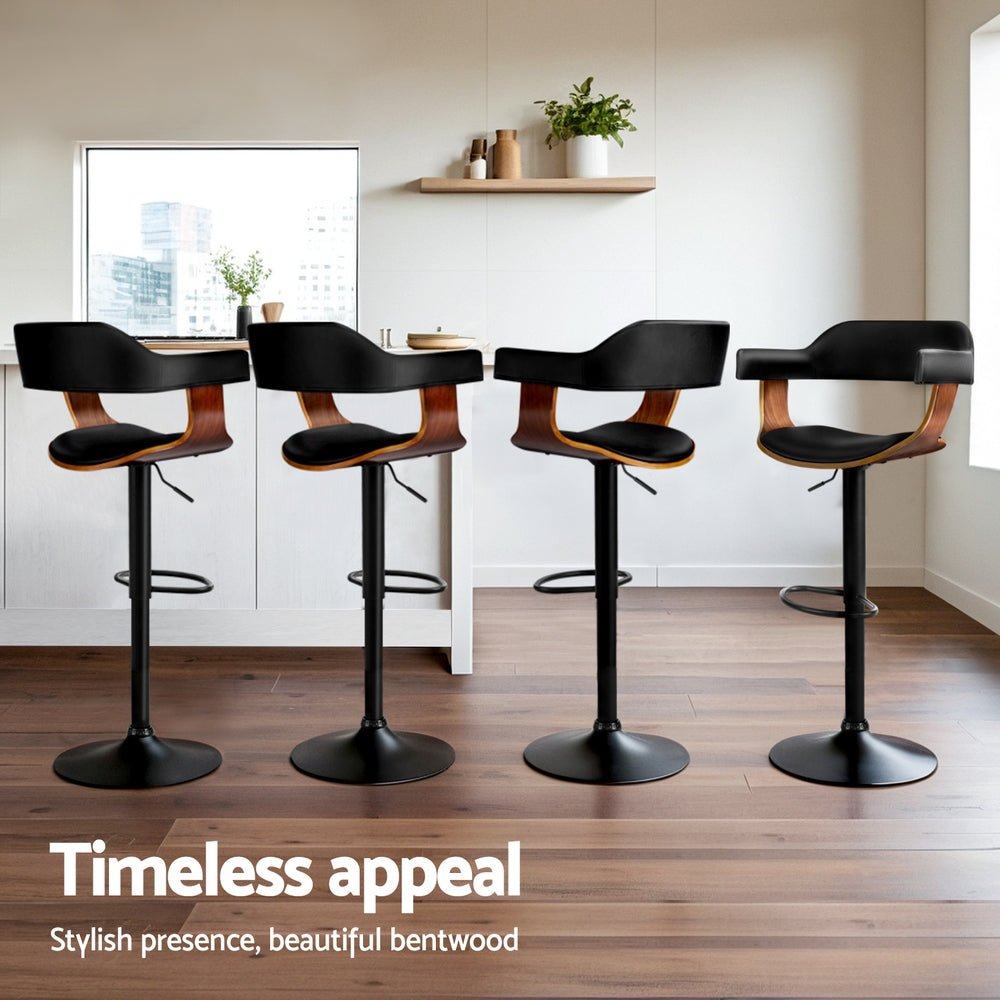 Jono Leather Timber Adjustable Bar Stools Black (Set of 4) - Barstool Express