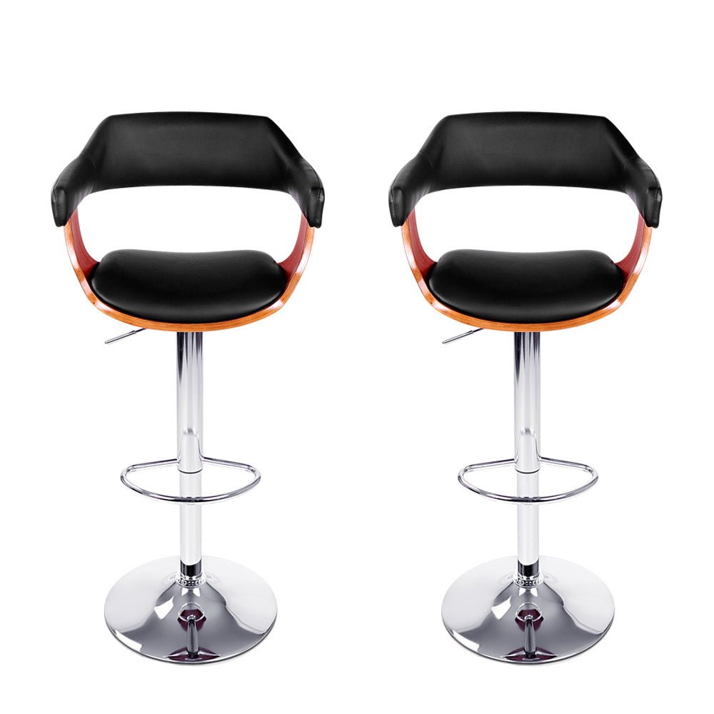 Jono Leather Timber Adjustable Bar Stools Chrome Black (Set of 2) - Barstool Express