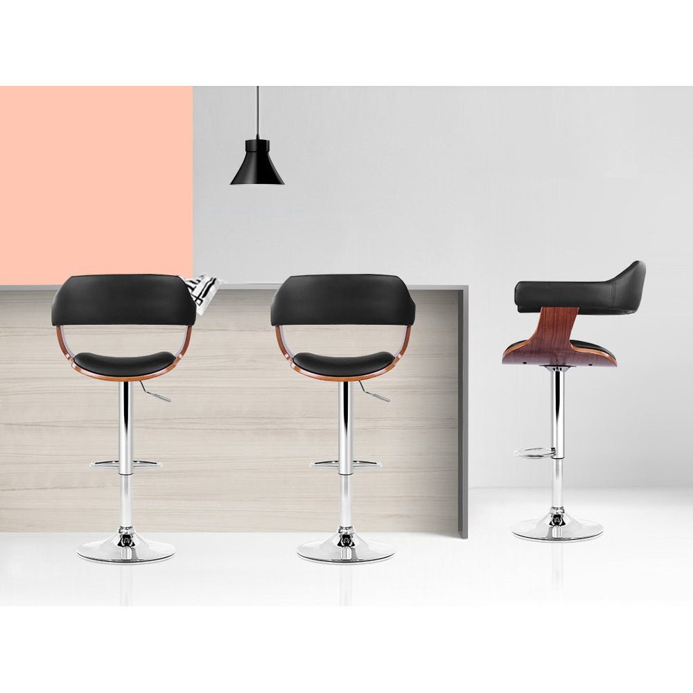 Jono Leather Timber Adjustable Bar Stools Chrome Black (Set of 2) - Barstool Express