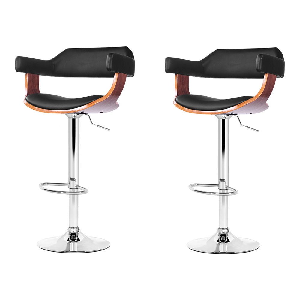 Jono Leather Timber Adjustable Bar Stools Chrome Black (Set of 2) - Barstool Express