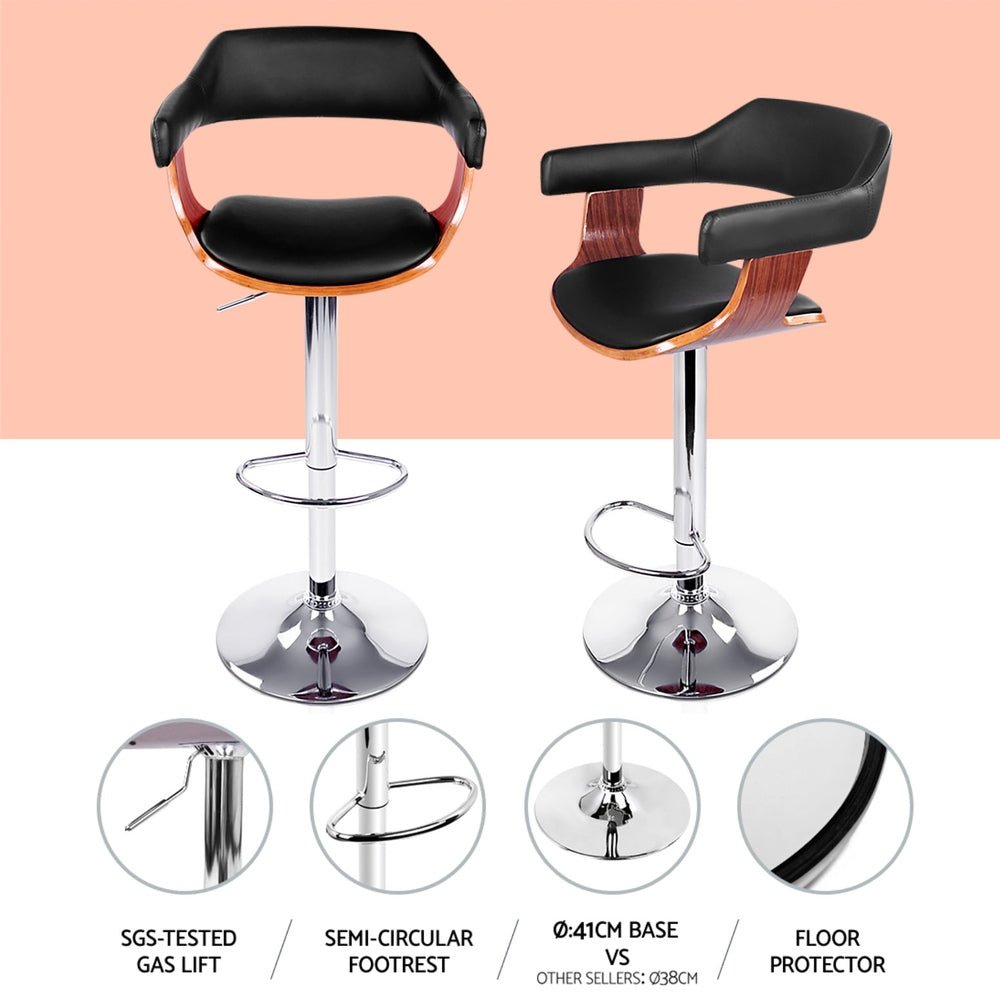 Jono Leather Timber Adjustable Bar Stools Chrome Black (Set of 4) - Barstool Express