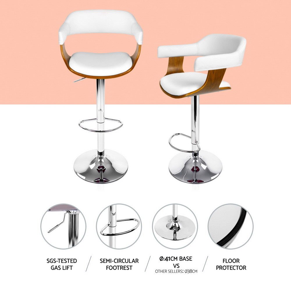 Jono Leather Timber Adjustable Bar Stools Chrome White (Set of 4) - Barstool Express