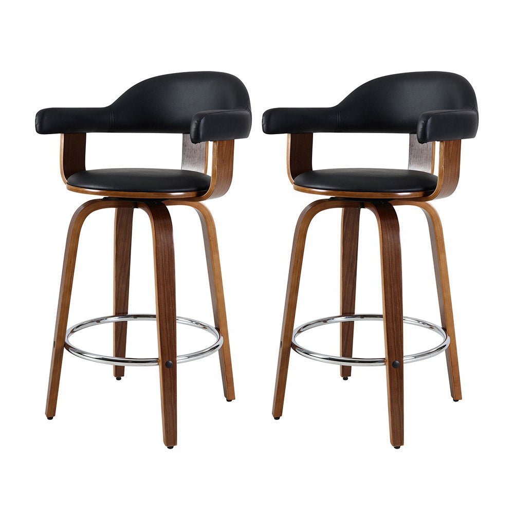 Jono Leather Timber Swivel Bar Stools 63cm Black (Set of 2) - Barstool Express