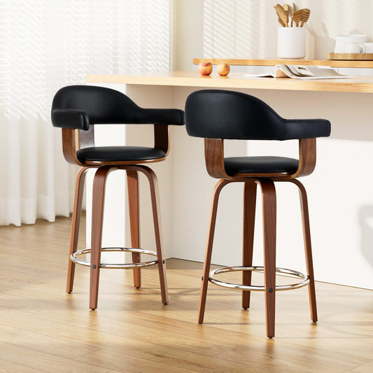 Jono Leather Timber Swivel Bar Stools 63cm Black (Set of 2) - Barstool Express