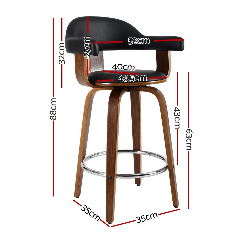 Jono Leather Timber Swivel Bar Stools 63cm Black (Set of 2) - Barstool Express