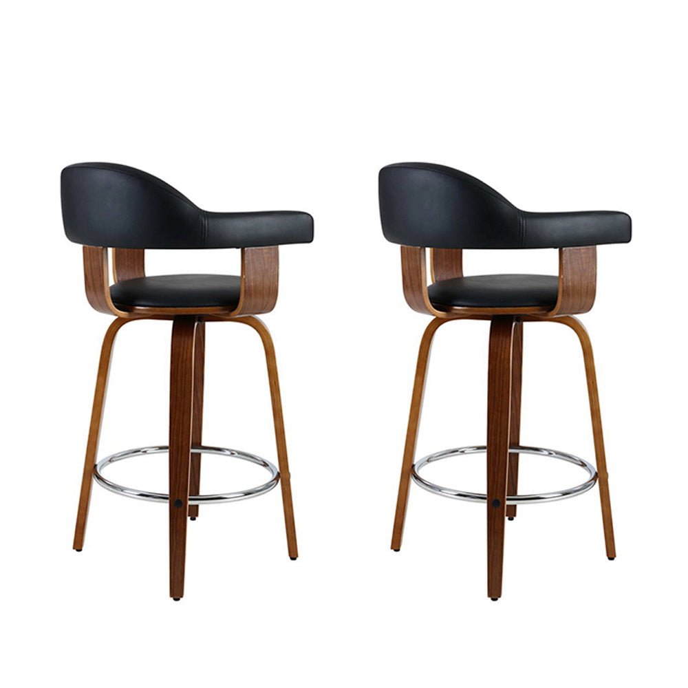 Jono Leather Timber Swivel Bar Stools 63cm Black (Set of 2) - Barstool Express