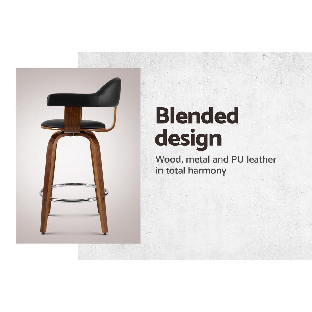 Jono Leather Timber Swivel Bar Stools 63cm Black (Set of 2) - Barstool Express
