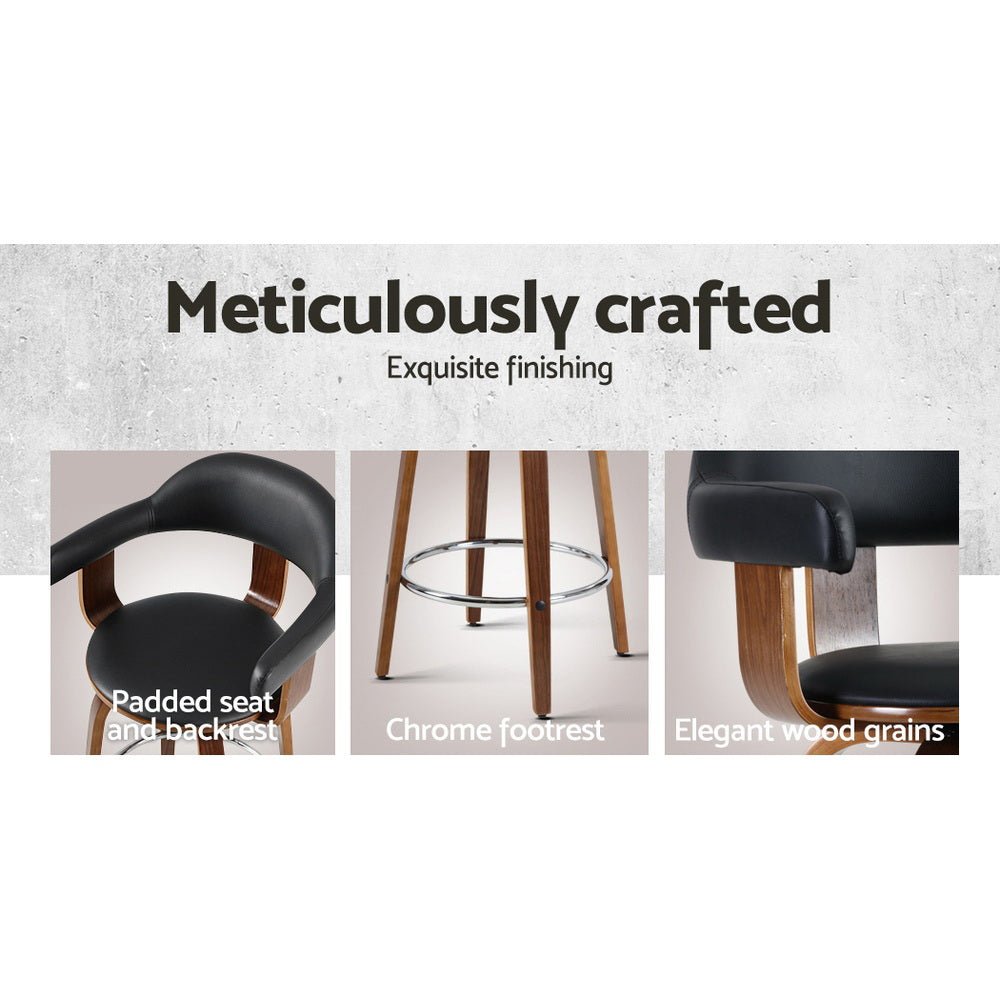 Jono Leather Timber Swivel Bar Stools 63cm Black (Set of 2) - Barstool Express
