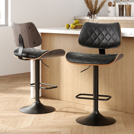 Karina Leather Adjustable Bar Stool Timber & Black (Set of 2) - Barstool Express