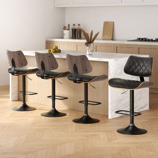 Karina Leather Adjustable Bar Stool Timber & Black (Set of 4) - Barstool Express