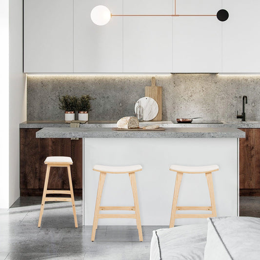 Kenji Japandi timber bar stools - styled in a modern kitchen with island - beige padded seats, Scandinavian minimalist design by Bar Stool Express