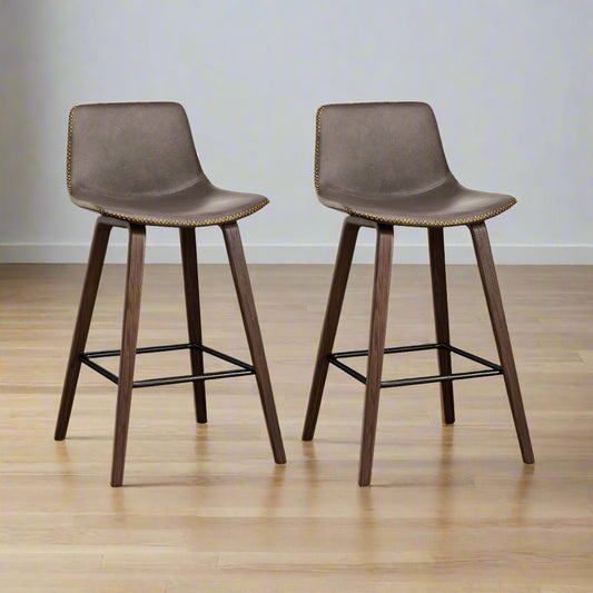 Kyle Leather Timber Bar Stools with Stitching 68cm Walnut Brown (Set of 2) - Barstool Express