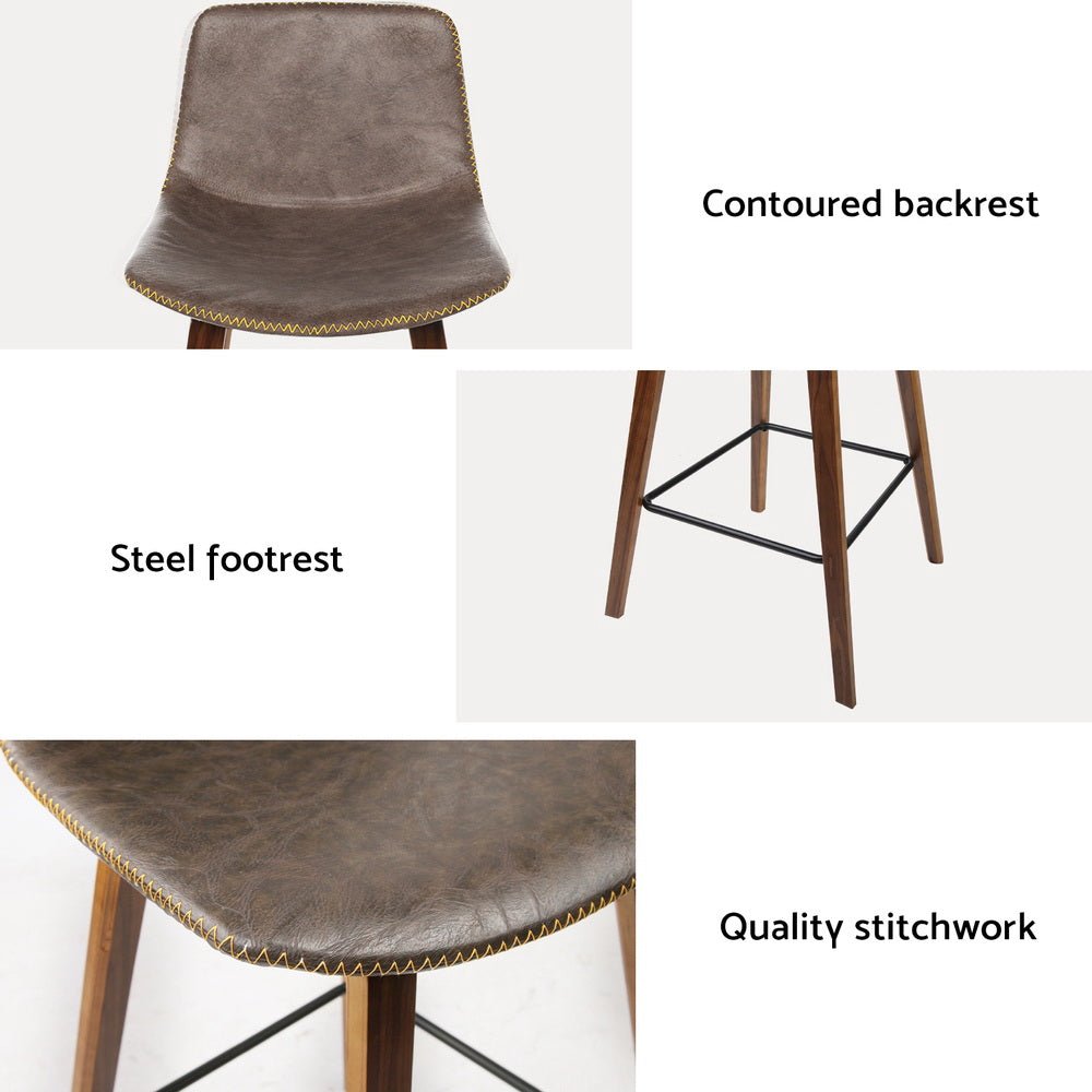 Kyle Leather Timber Bar Stools with Stitching 68cm Walnut Brown (Set of 4) - Barstool Express