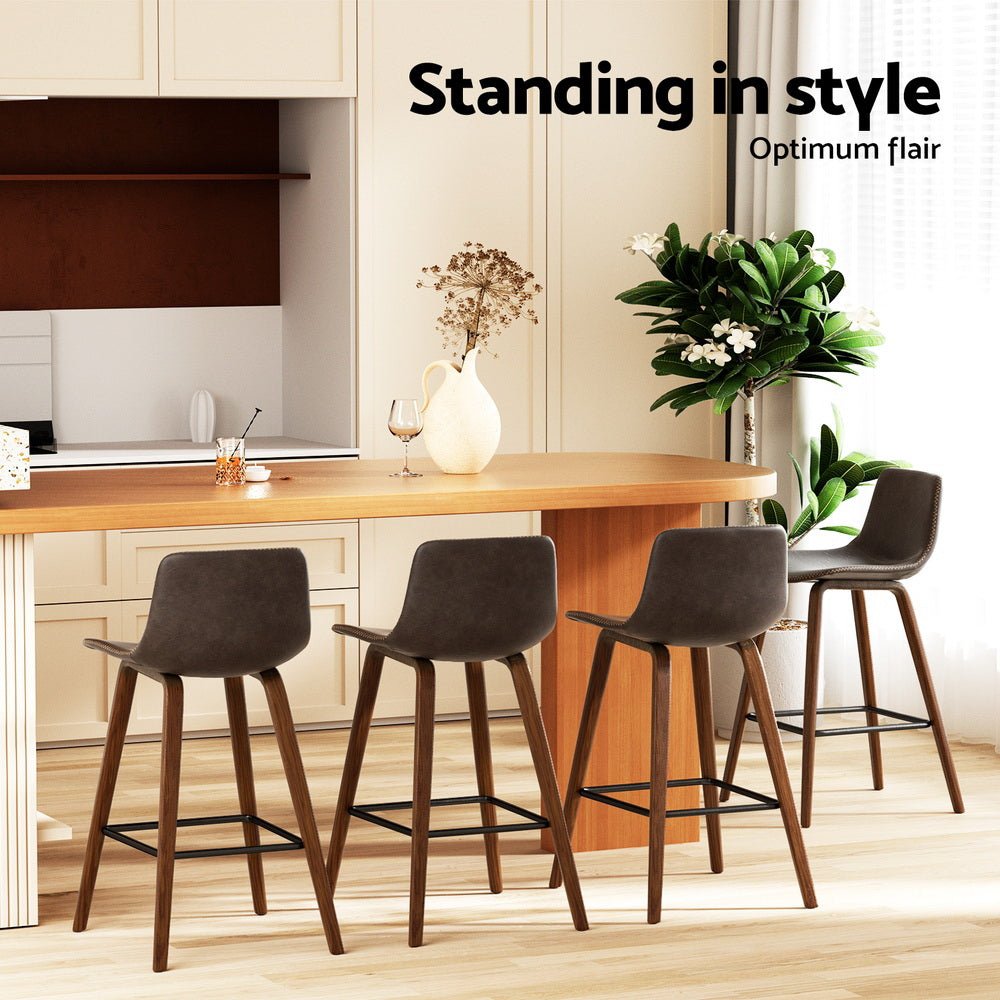 Kyle Leather Timber Bar Stools with Stitching 68cm Walnut Brown (Set of 4) - Barstool Express