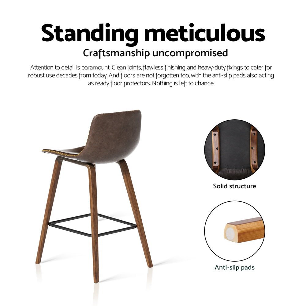 Kyle Leather Timber Bar Stools with Stitching 68cm Walnut Brown (Set of 4) - Barstool Express