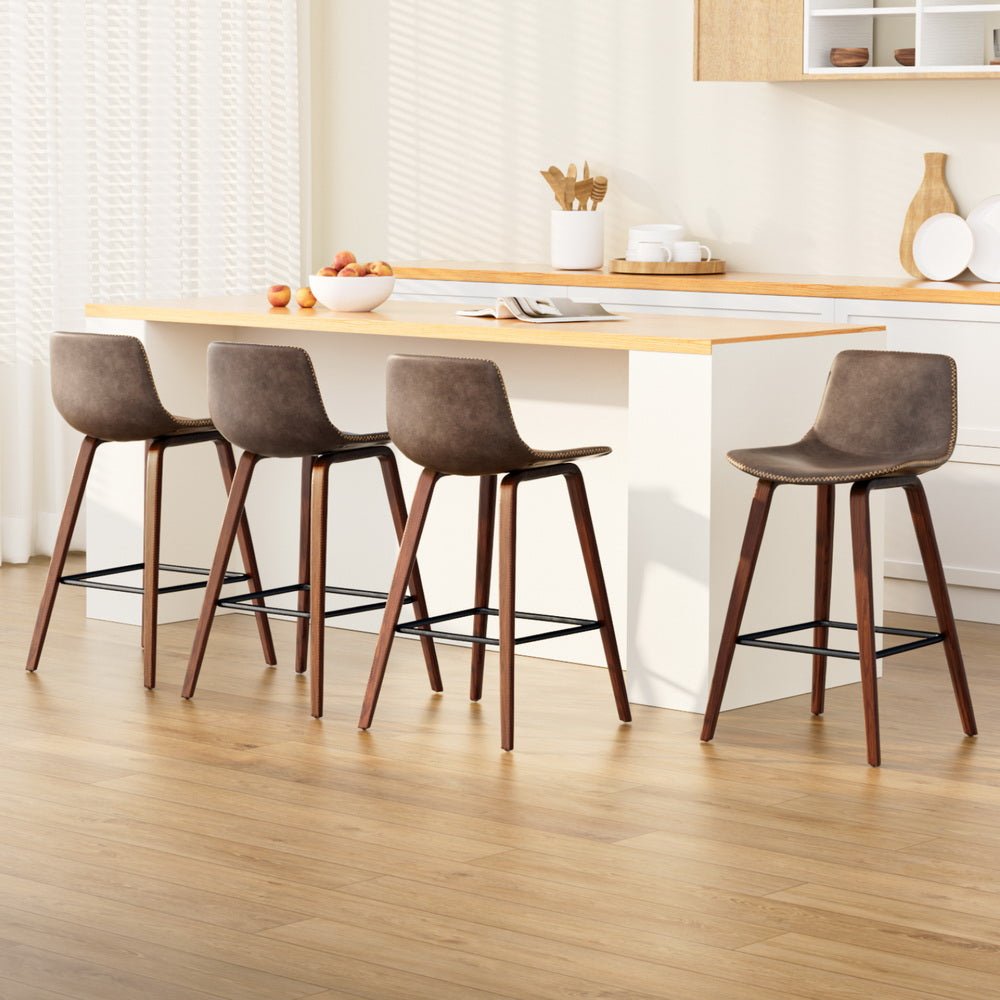 Kyle Leather Timber Bar Stools with Stitching 68cm Walnut Brown (Set of 4) - Barstool Express