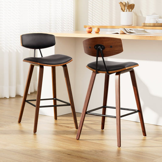 Leo Leather Padded Timber Bar Stools 67cm Brown & Black (Set of 2) - Barstool Express