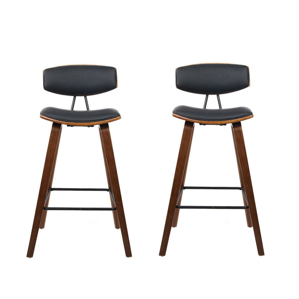 Leo Leather Padded Timber Bar Stools 67cm Brown & Black (Set of 2) - Barstool Express