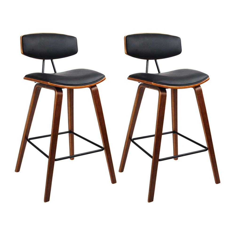 Leo Leather Padded Timber Bar Stools 67cm Brown & Black (Set of 2) - Barstool Express