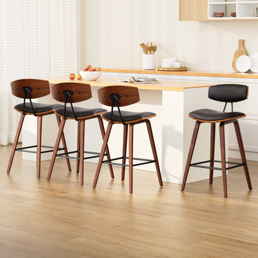 Leo Leather Padded Timber Bar Stools 67cm Brown & Black (Set of 4) - Barstool Express
