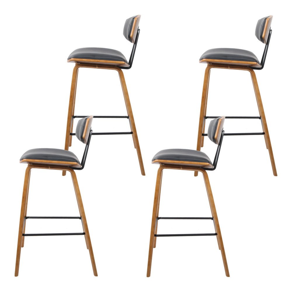 Leo Leather Padded Timber Bar Stools 67cm Brown & Black (Set of 4) - Barstool Express