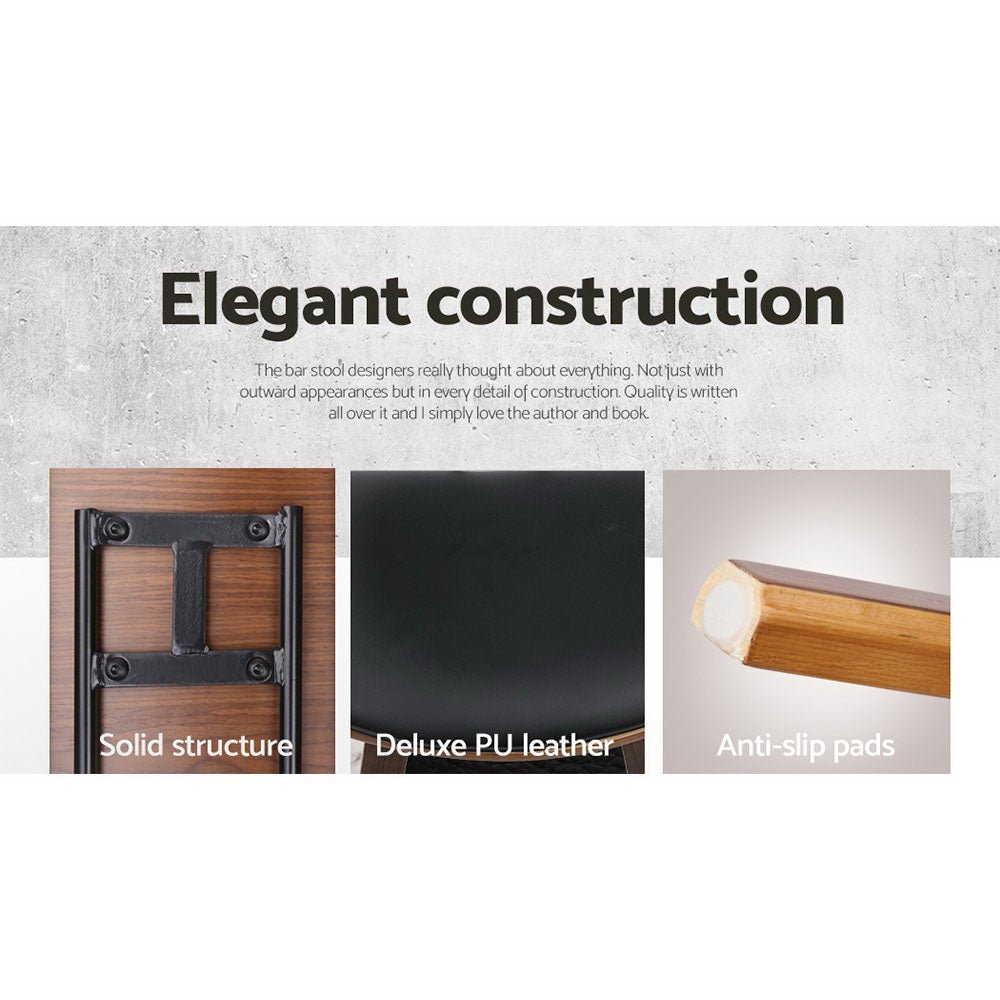 Leo Leather Padded Timber Bar Stools 67cm Brown & Black (Set of 4) - Barstool Express