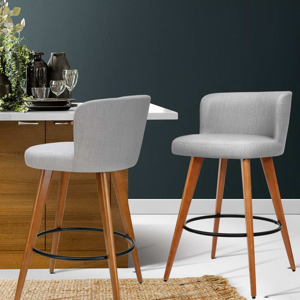 Lilly Linen Fabric Timber Frame Bar Stools 66cm Grey (Set of 2) - Barstool Express