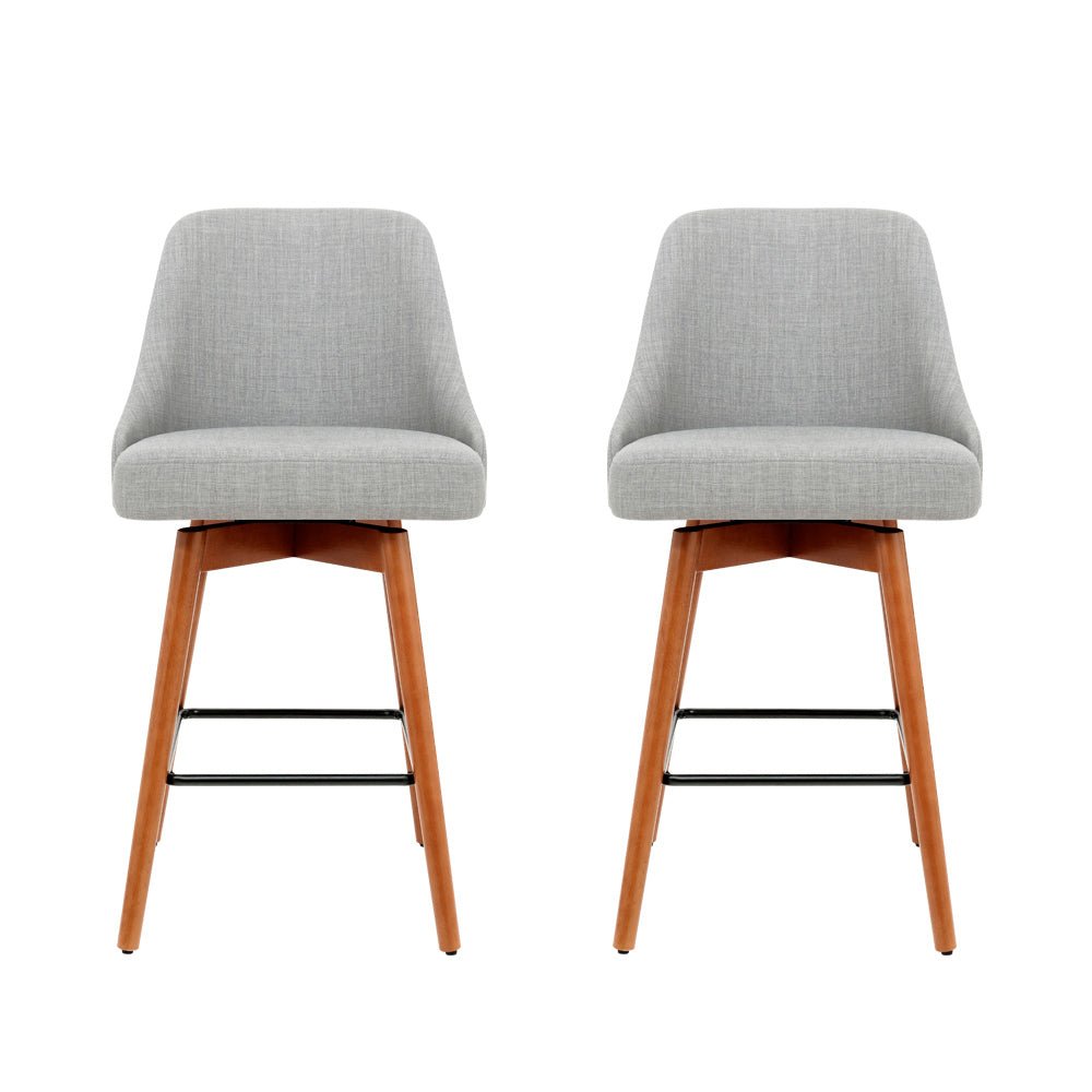 Lilly Linen Fabric Timber Frame Bar Stools 66cm Grey (Set of 2) - Barstool Express