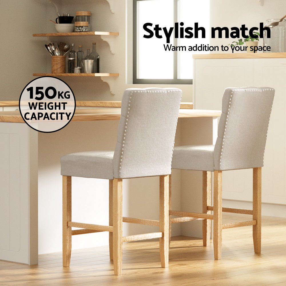 Luna Upholstered Linen Timber Frame Bar Stools 65cm Beige (Set of 4) - Barstool Express