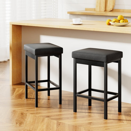 Milan Leather Padded Square Bar Stools 66cm Metal Black (Set of 2) - Barstool Express