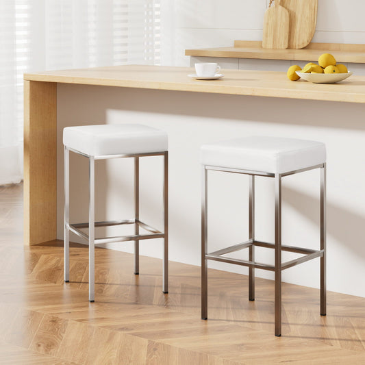 Milan Leather Padded Square Bar Stools 69cm Chrome White (Set of 2) - Barstool Express