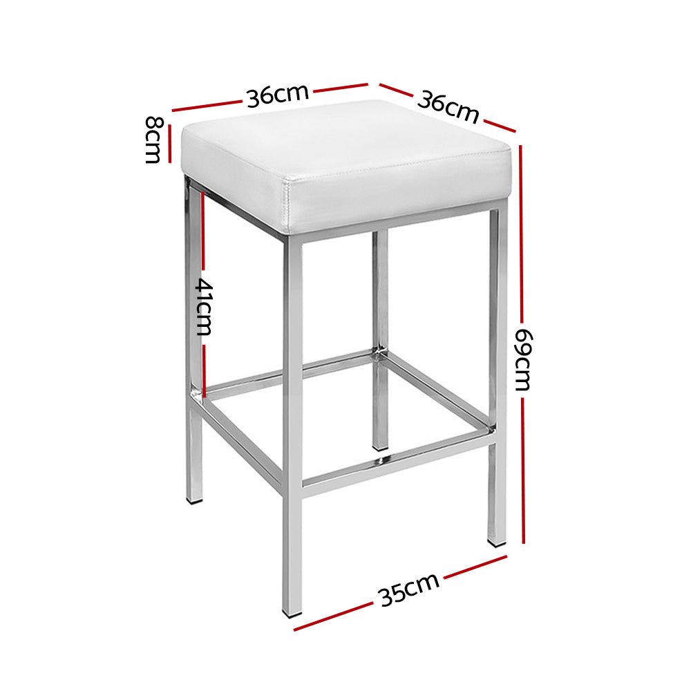 Milan Leather Padded Square Bar Stools 69cm Chrome White (Set of 2) - Barstool Express