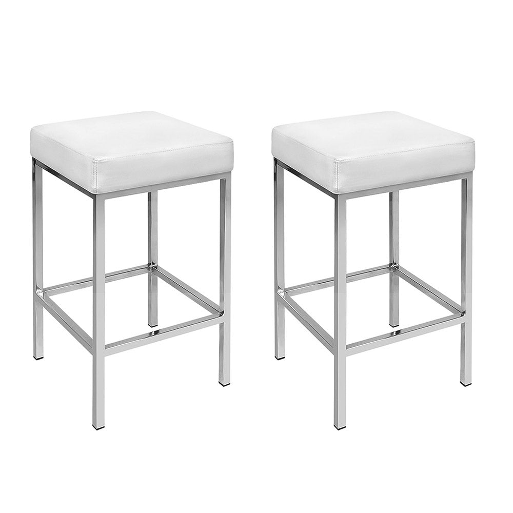 Milan Leather Padded Square Bar Stools 69cm Chrome White (Set of 2) - Barstool Express